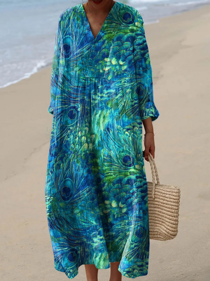 FIONA | PEACOCK FEATHER PATTERN ART PRINT DRESS