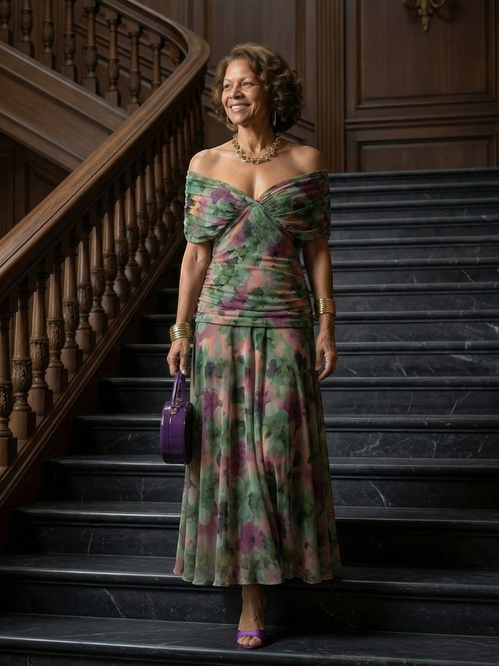 CINDRY | OFF SHOULDER FLOW MIDI DRESS