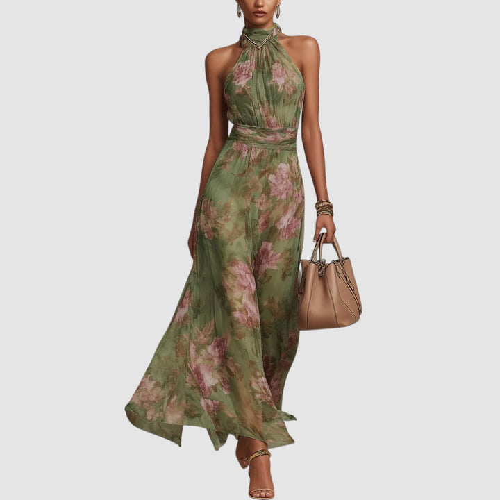 CHRISTABEL | FLORAL HALTER NECK CHIFFON MAXI DRESS