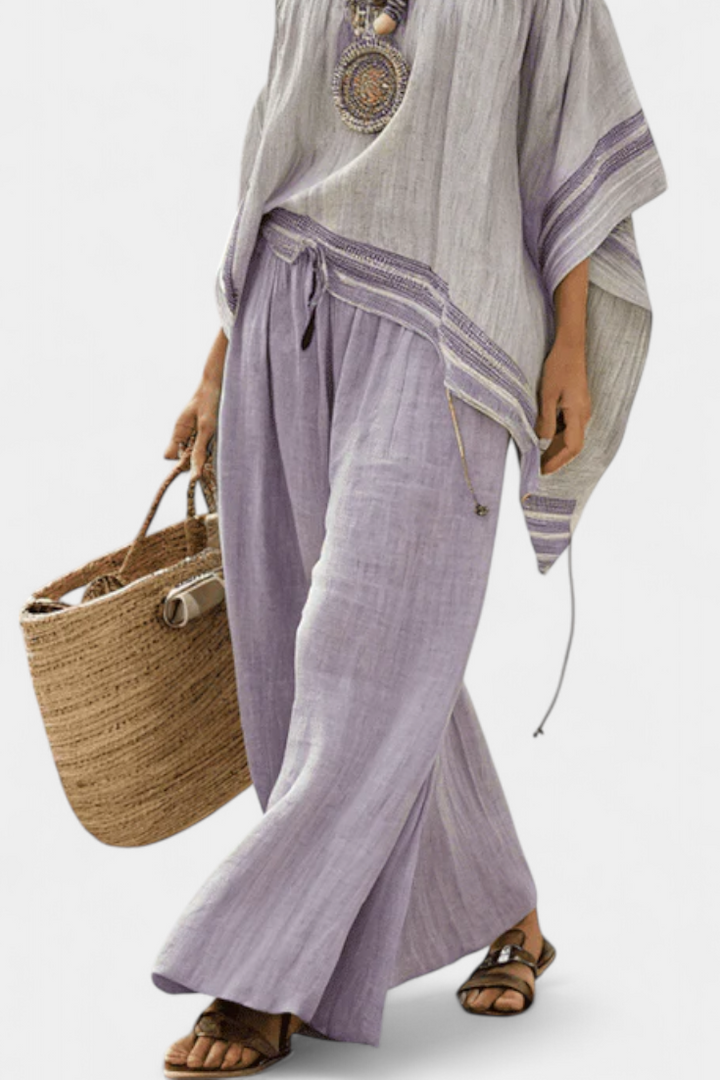 ZANDREL | ELEGANT OFF-SHOULDER TOP & WIDE-LEG STRIPED TROUSERS