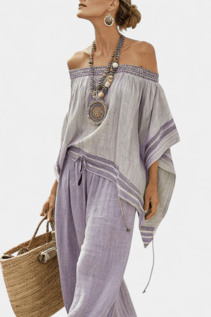 ZANDREL | ELEGANT OFF-SHOULDER TOP & WIDE-LEG STRIPED TROUSERS