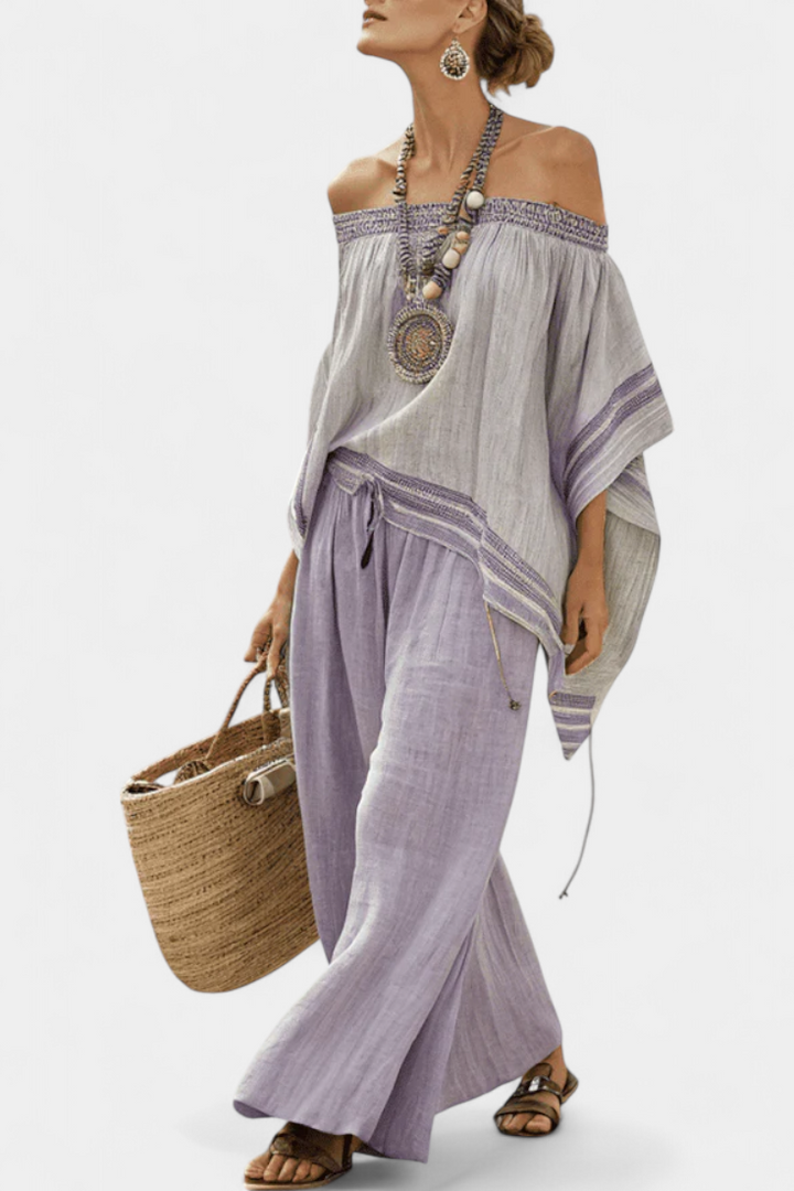 ZANDREL | ELEGANT OFF-SHOULDER TOP & WIDE-LEG STRIPED TROUSERS
