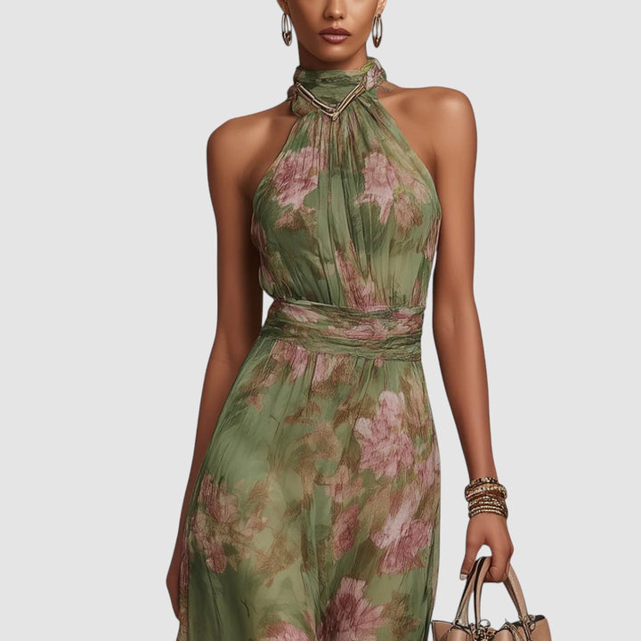 CHRISTABEL | FLORAL HALTER NECK CHIFFON MAXI DRESS