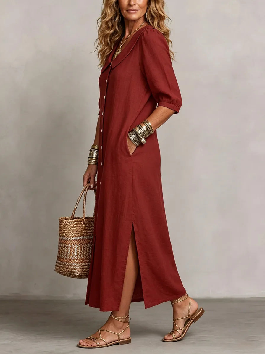 DENISE | PETER PAN COLLAR LINEN MAXI DRESS