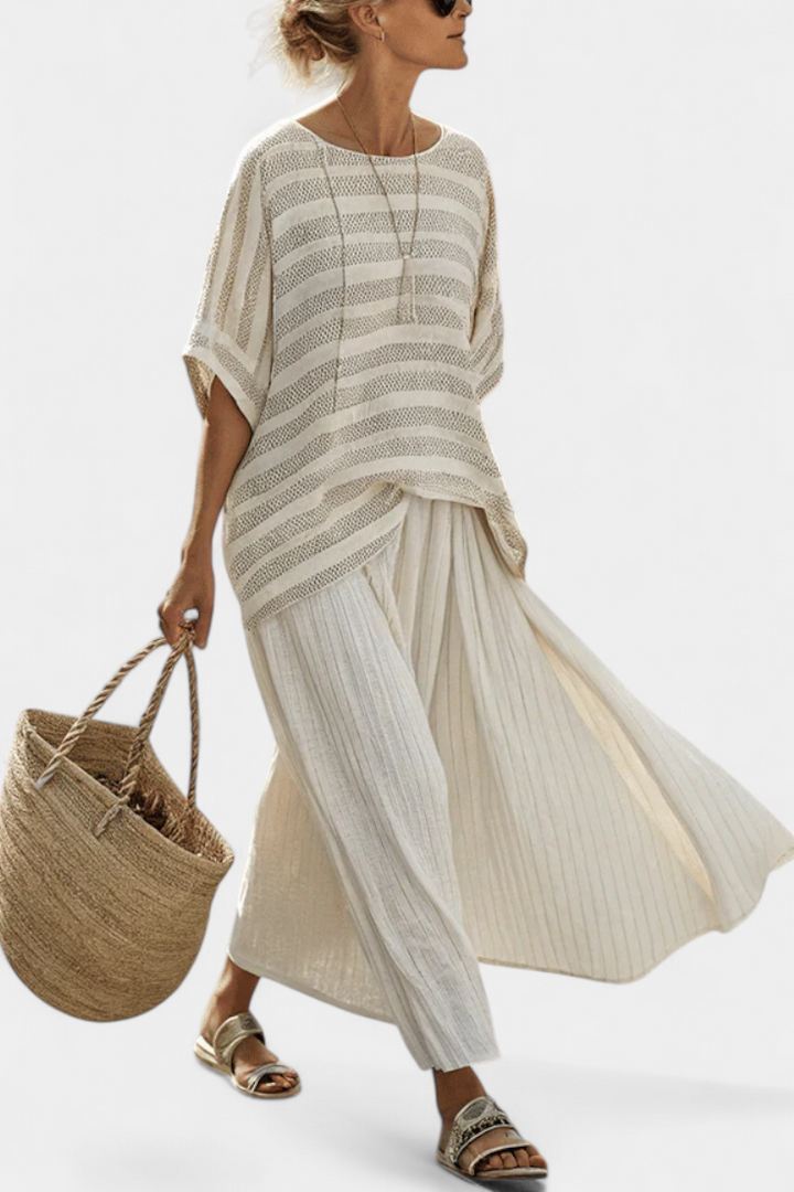 WESTLYN | COMFORTABLE STRIPED BAMBOO TOP & FLOWING LINEN TROUSERS