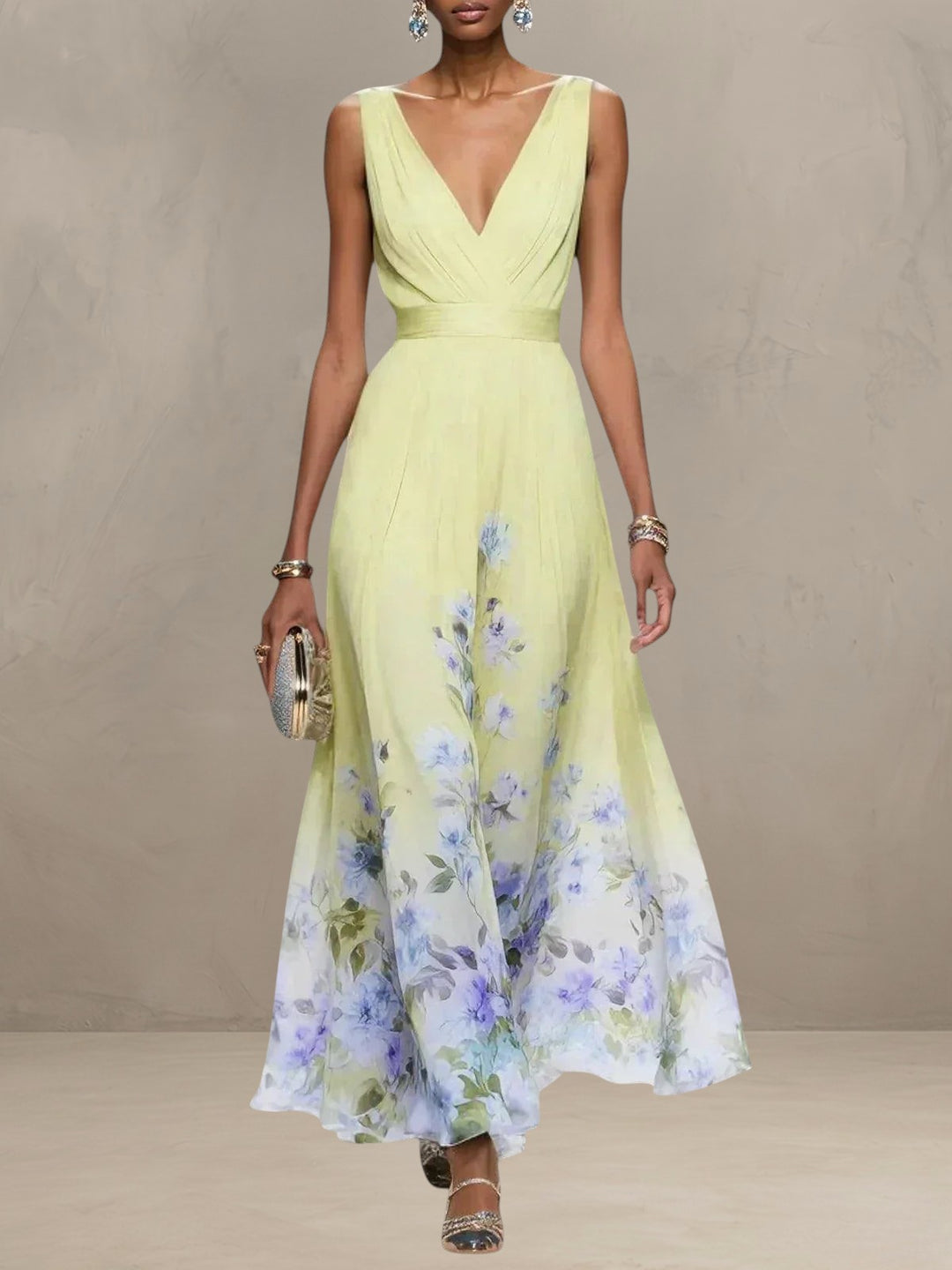 ROSA | FLORAL CHIFFON V-NECK MAXI DRESS