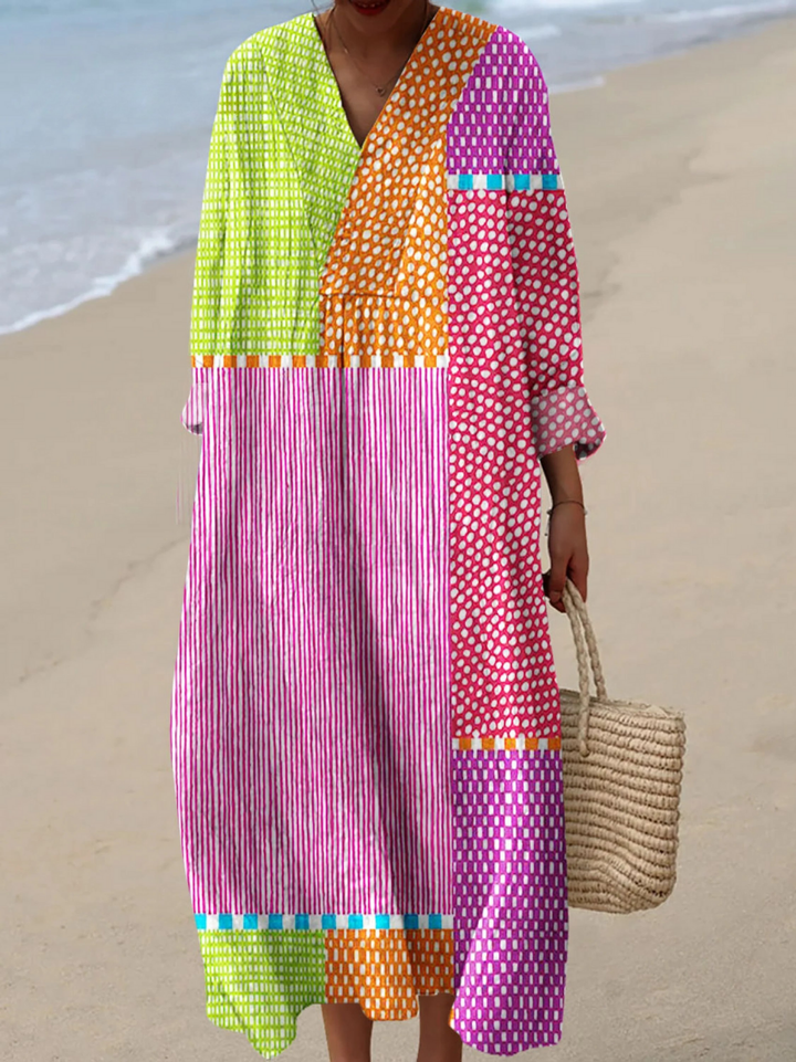 ARTIA | VINTAGE ABSTRACT GEOMETRIC COLOUR BLOCK LINE ART PRINT DRESS
