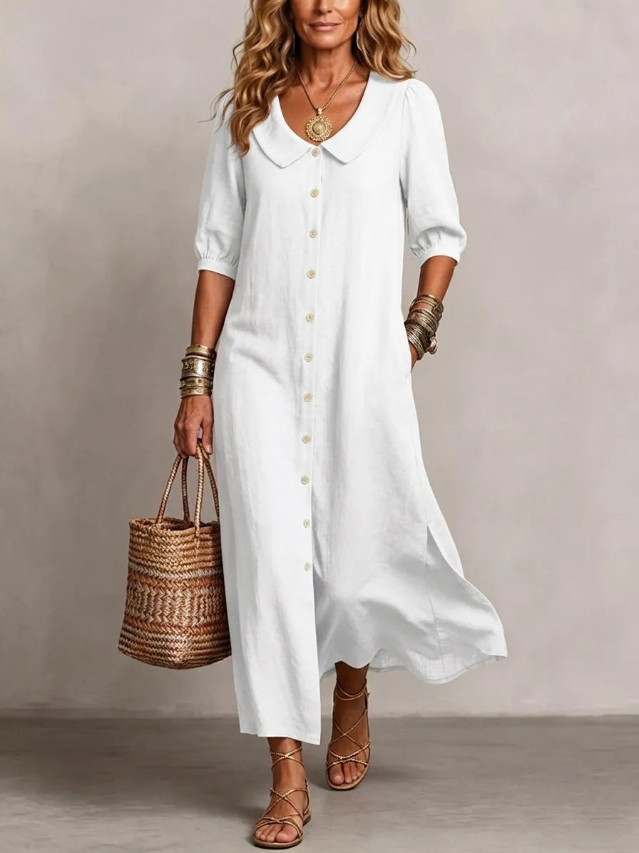 DENISE | PETER PAN COLLAR LINEN MAXI DRESS