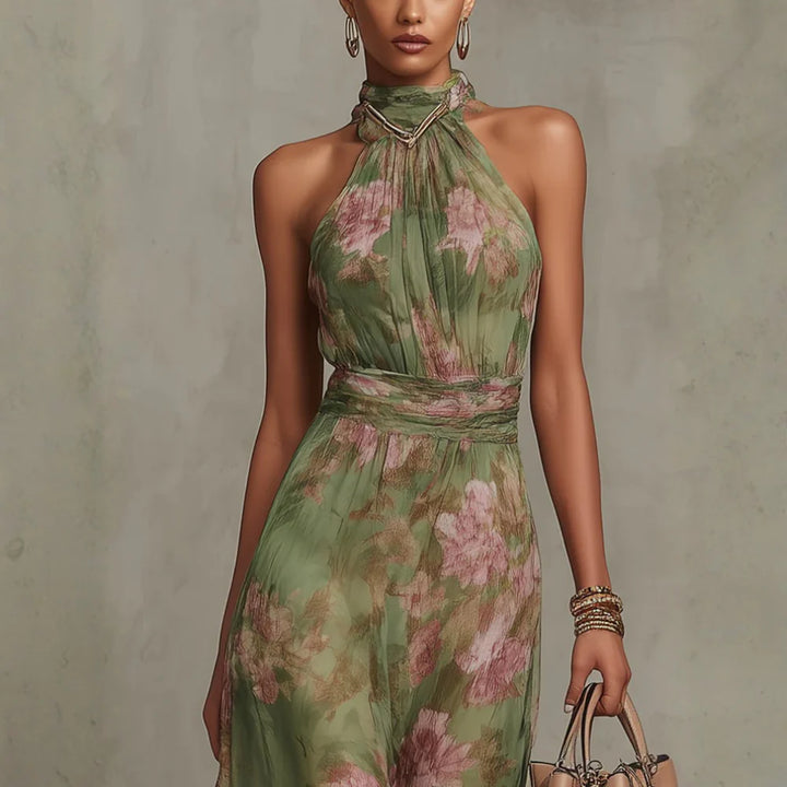 CHRISTABEL | FLORAL HALTER NECK CHIFFON MAXI DRESS
