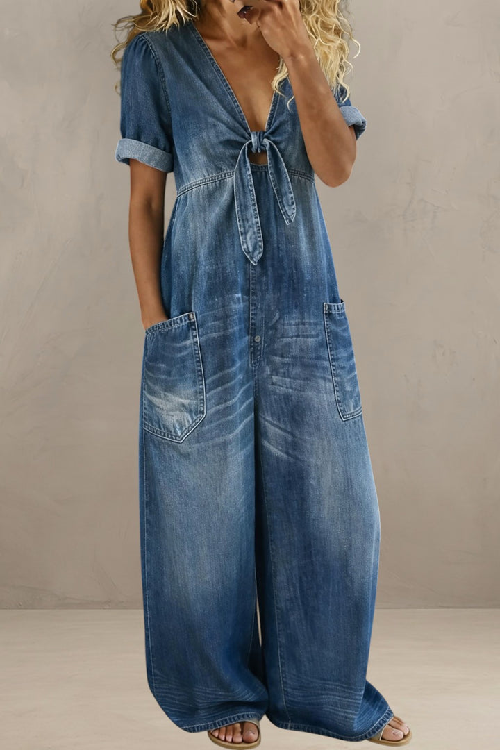 GINEVRA | DENIM JUMPSUIT WITH ELEGANT V-NECK