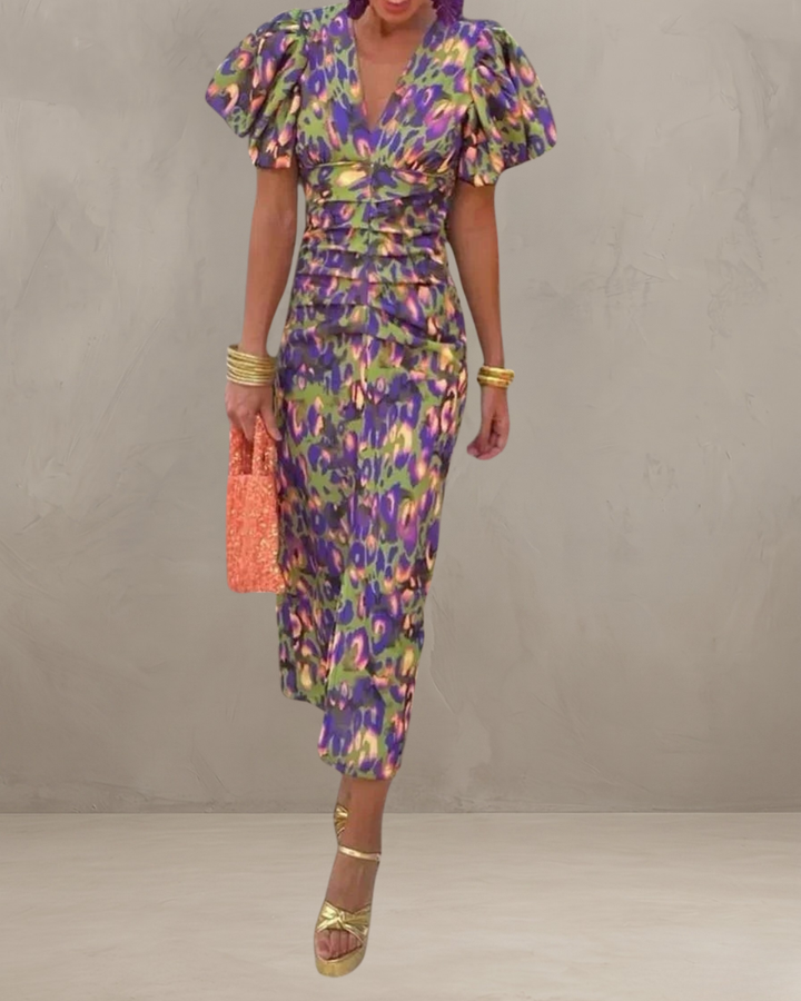 DEBORAH | VIBRANT MIDI DRESS WITH PUFF SLEEVES