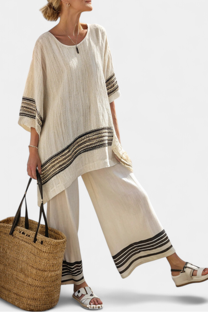 HARLOWE | ELEGANT BLACK-STRIPED LINEN TOP & FLOWING TROUSERS