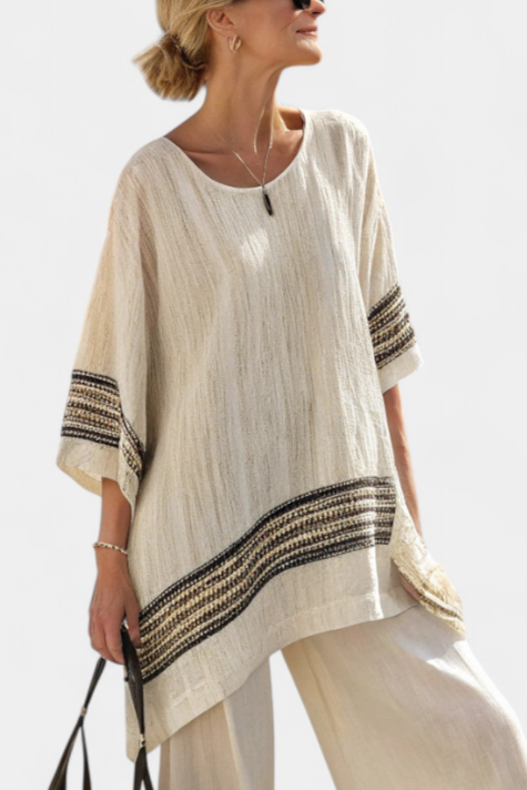 HARLOWE | ELEGANT BLACK-STRIPED LINEN TOP & FLOWING TROUSERS