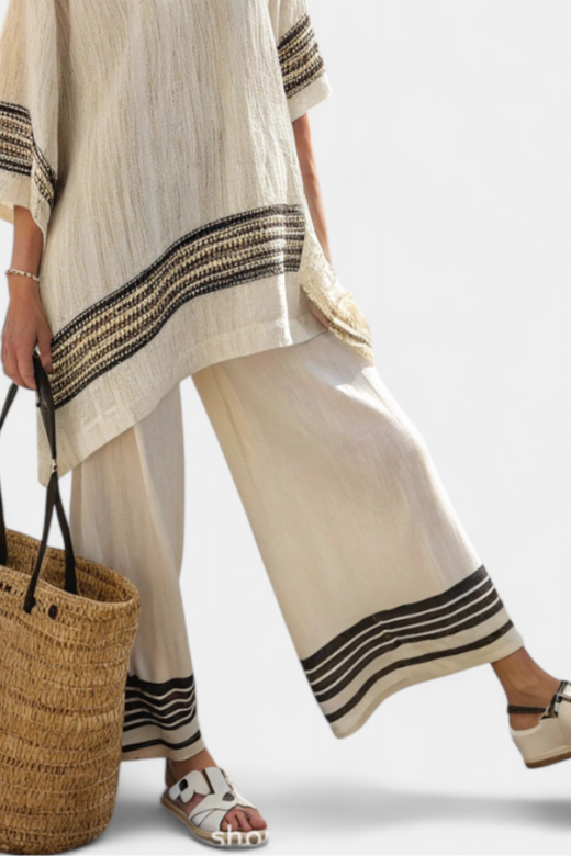 HARLOWE | ELEGANT BLACK-STRIPED LINEN TOP & FLOWING TROUSERS