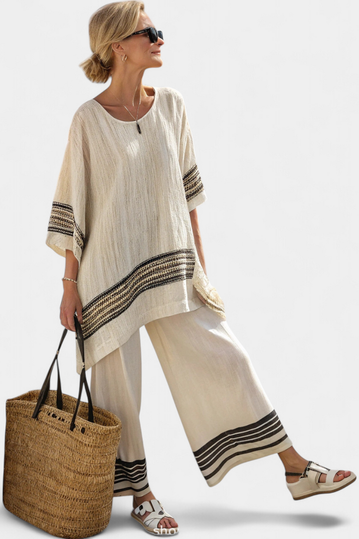 HARLOWE | ELEGANT BLACK-STRIPED LINEN TOP & FLOWING TROUSERS