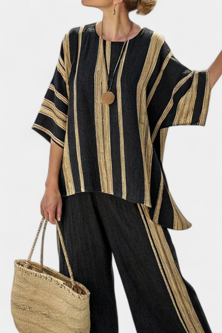CALDEN | COMFORTABLE OVERSIZED STRIPED TOP & RELAXED LINEN TROUSERS