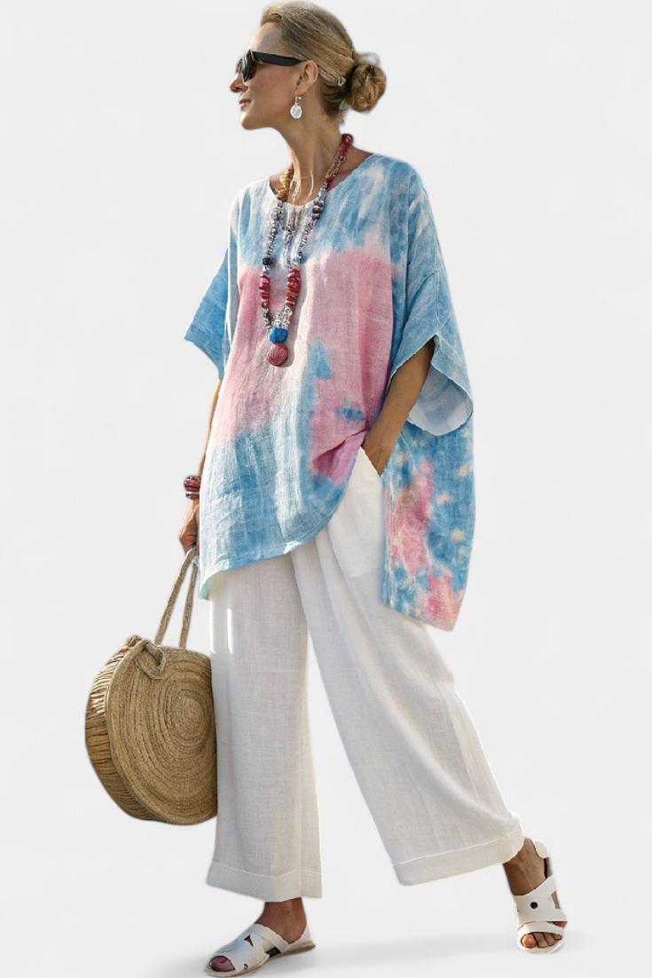 VANTREL | COMFORTABLE RELAXED LINEN TOP & STRIPED BAMBOO TROUSERS