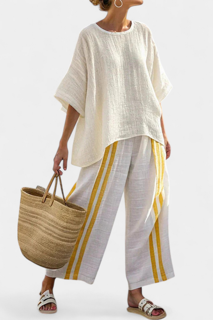 ANSELOR | ELEGANT YELLOW STRIPED LINEN TOP & WIDE-LEG TROUSERS