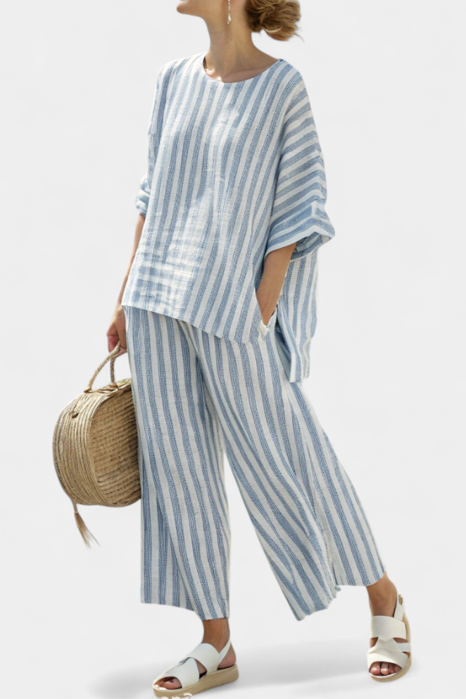 RENSLEIGH | SOPHISTICATED BLUE STRIPED LINEN TOP & RELAXED TROUSERS