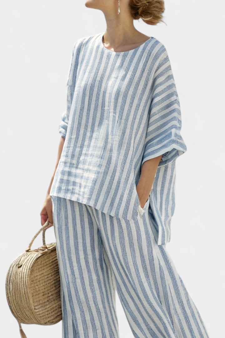 RENSLEIGH | SOPHISTICATED BLUE STRIPED LINEN TOP & RELAXED TROUSERS