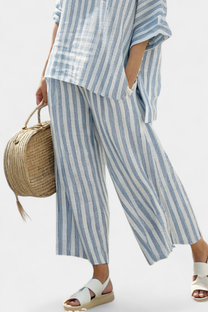 RENSLEIGH | SOPHISTICATED BLUE STRIPED LINEN TOP & RELAXED TROUSERS