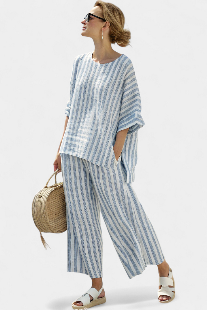 RENSLEIGH | SOPHISTICATED BLUE STRIPED LINEN TOP & RELAXED TROUSERS