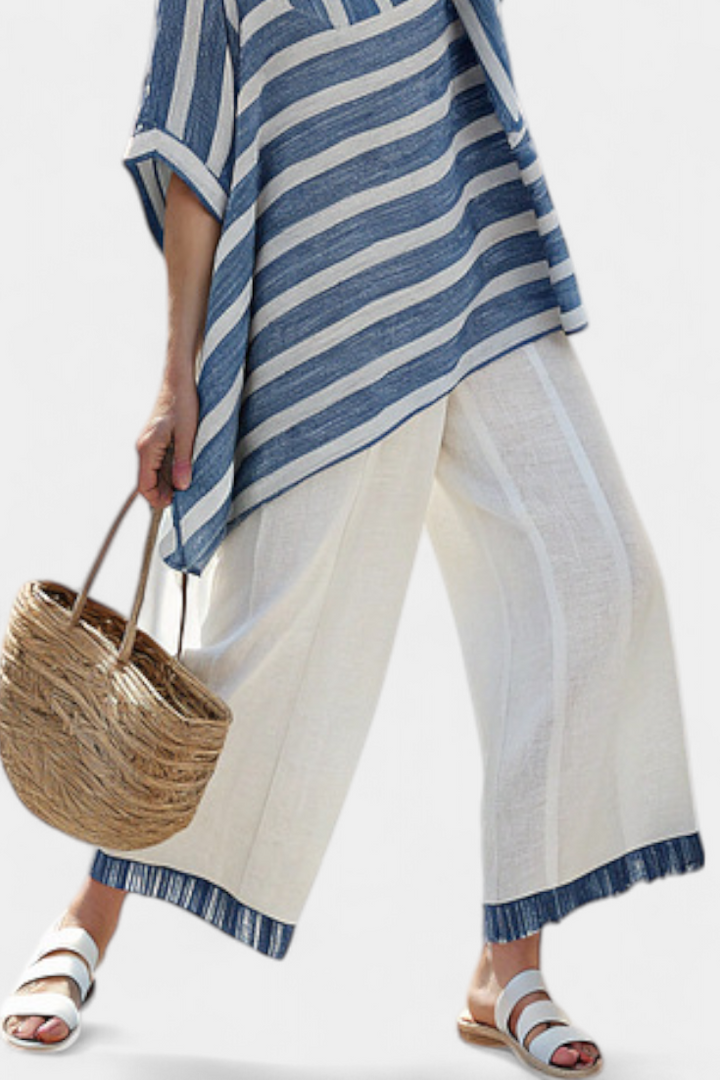CORVIELLE | SOPHISTICATED BLUE STRIPED TOP & HEM-DETAILED TROUSERS