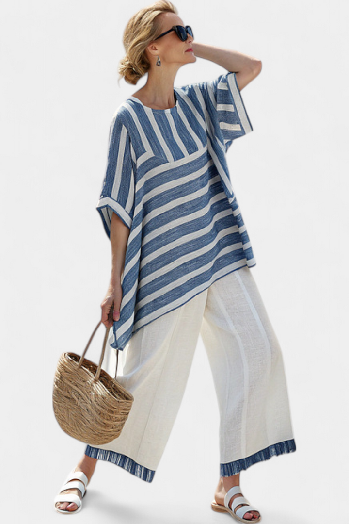 CORVIELLE | SOPHISTICATED BLUE STRIPED TOP & HEM-DETAILED TROUSERS