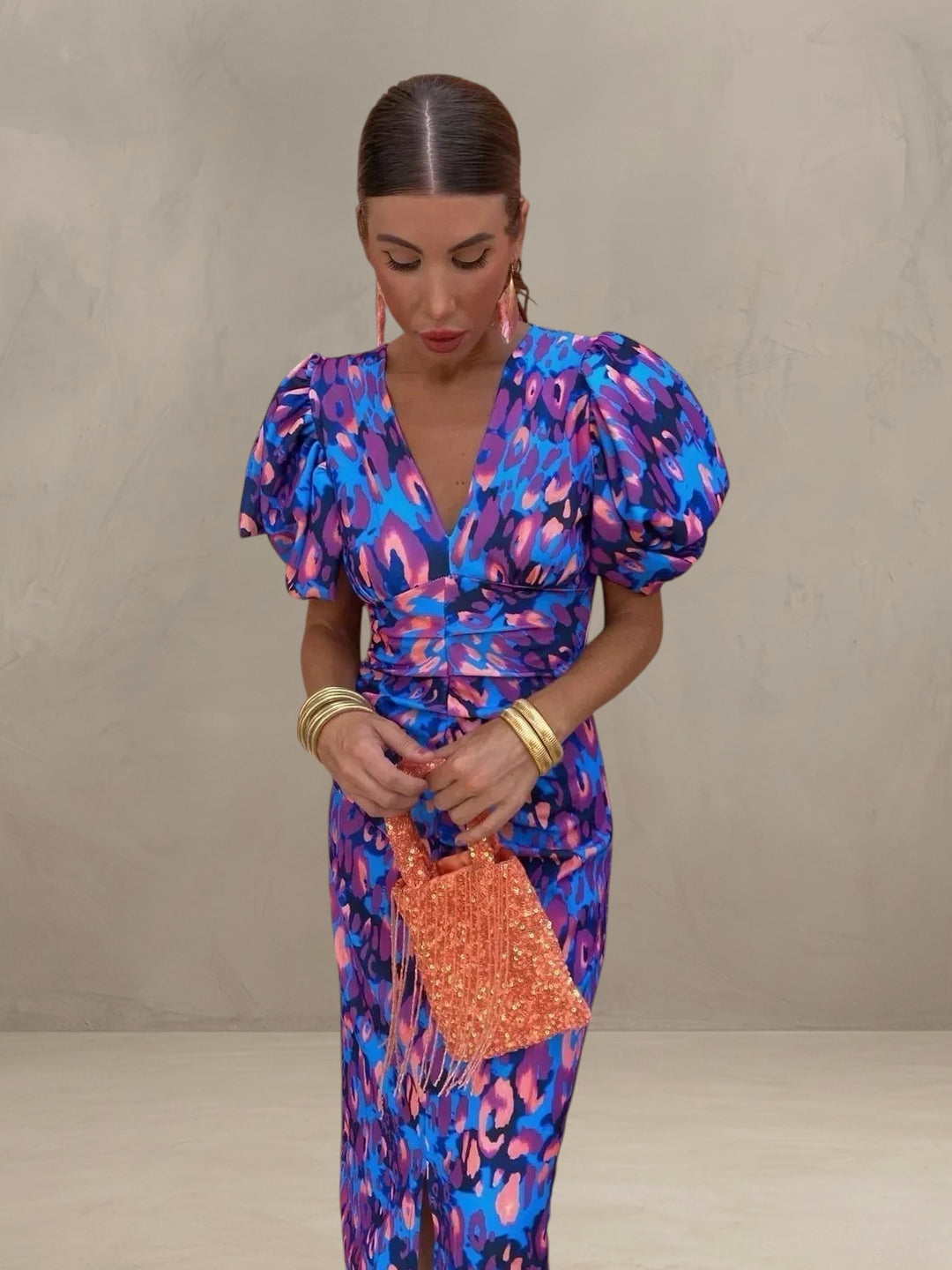 DEBORAH | VIBRANT MIDI DRESS WITH PUFF SLEEVES
