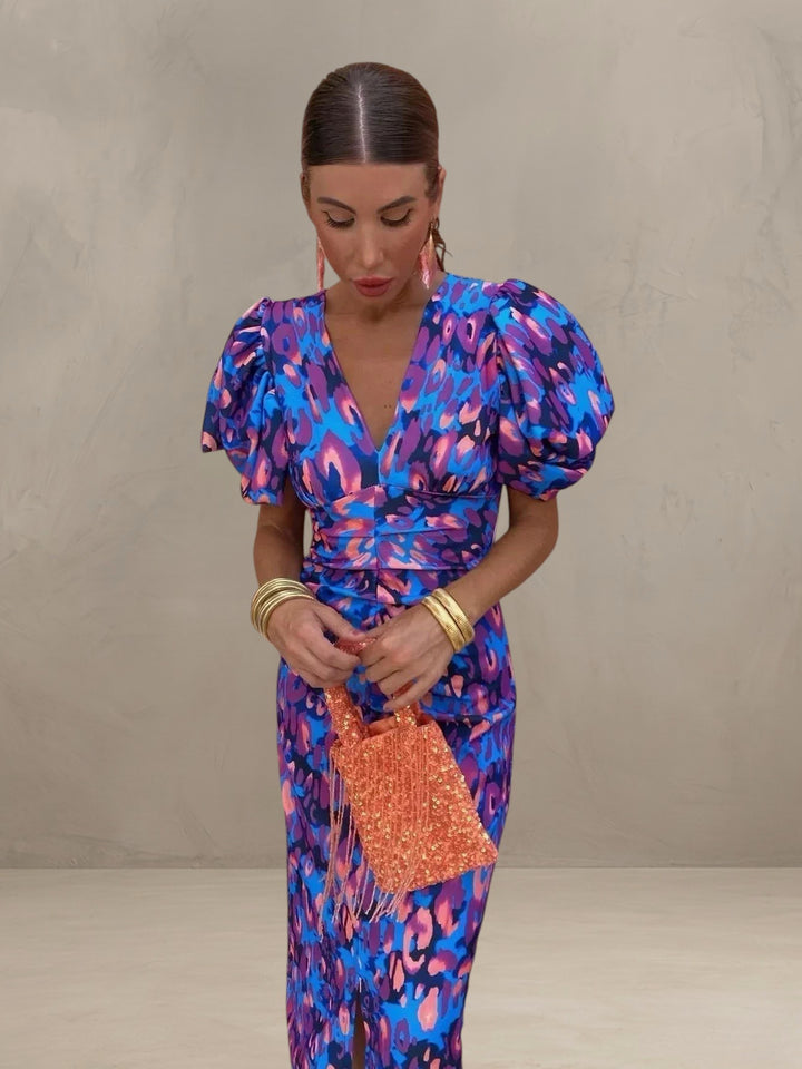 DEBORAH | VIBRANT MIDI DRESS WITH PUFF SLEEVES