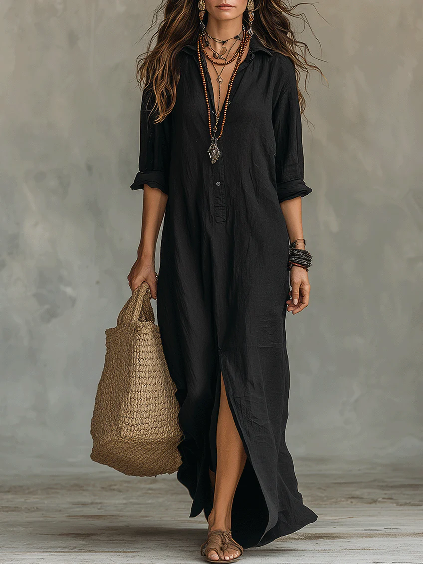 Freya | Long Black Dress with Buttons