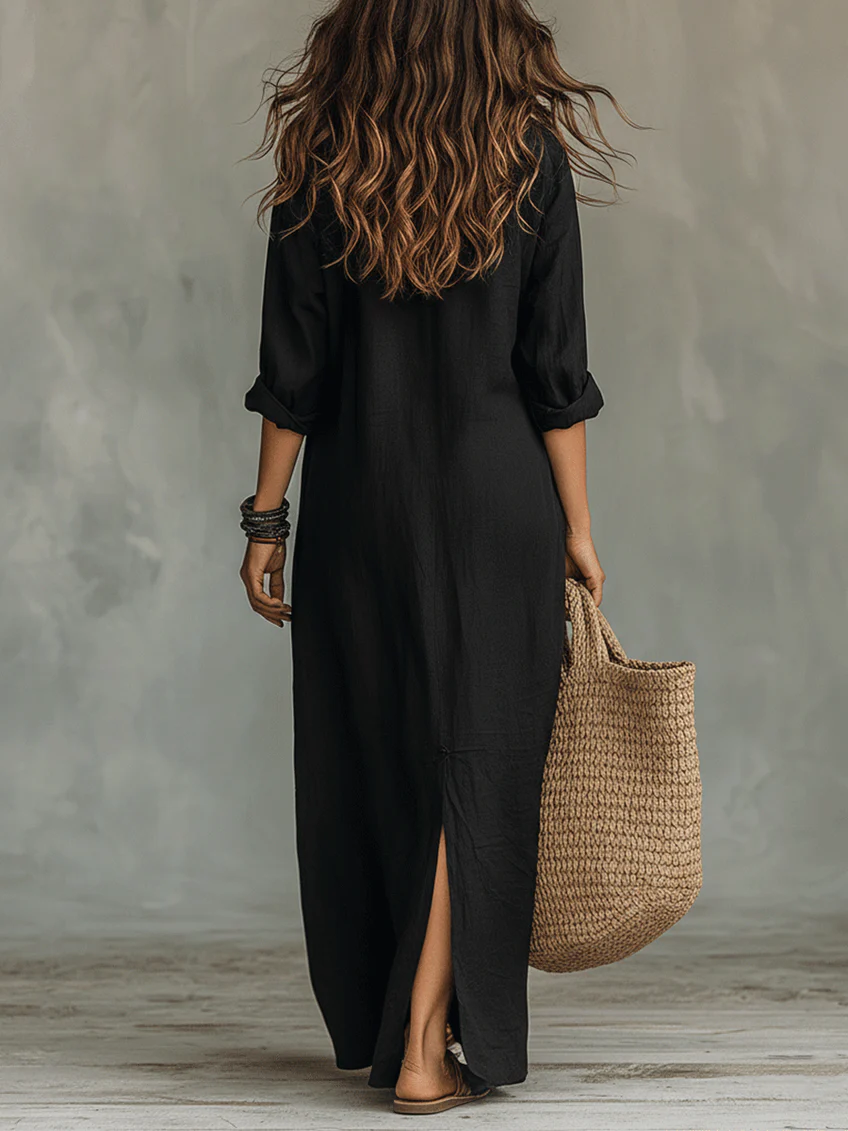 Freya | Long Black Dress with Buttons