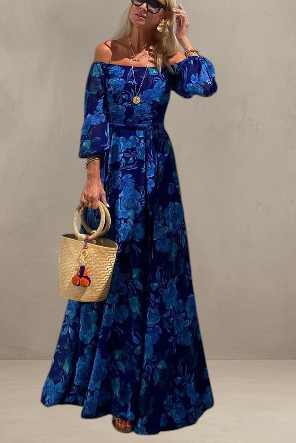 LUNA | LONG FLORAL PRINT DRESS WITH OFF-THE-SHOULDER SLEEVES