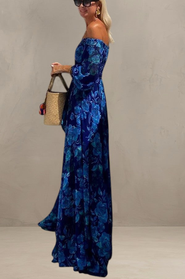 LUNA | LONG FLORAL PRINT DRESS WITH OFF-THE-SHOULDER SLEEVES