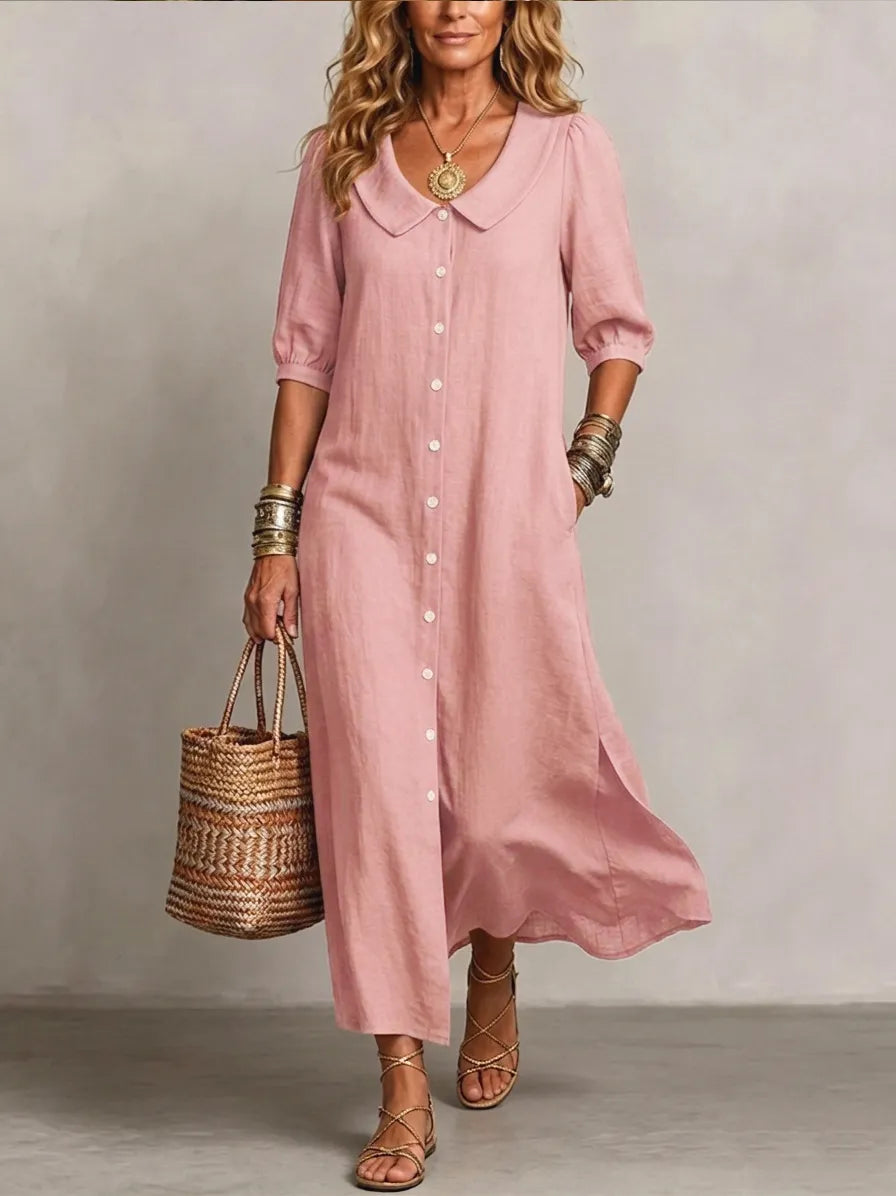 DENISE | PETER PAN COLLAR LINEN MAXI DRESS
