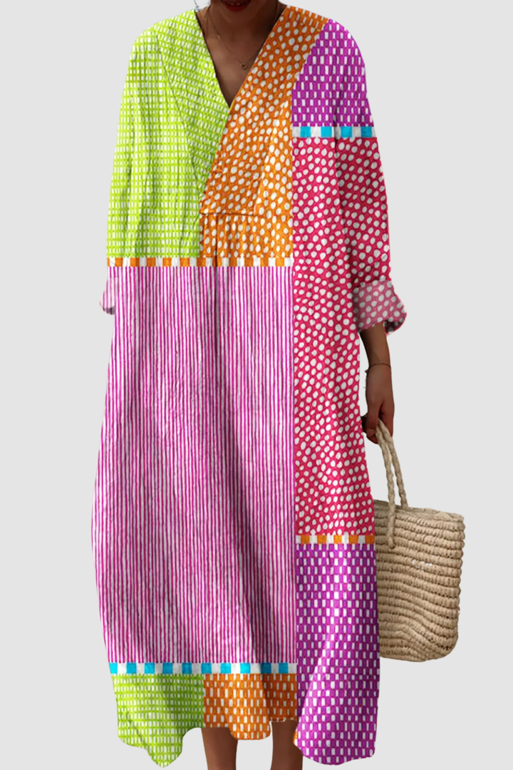 ARTIA | VINTAGE ABSTRACT GEOMETRIC COLOUR BLOCK LINE ART PRINT DRESS