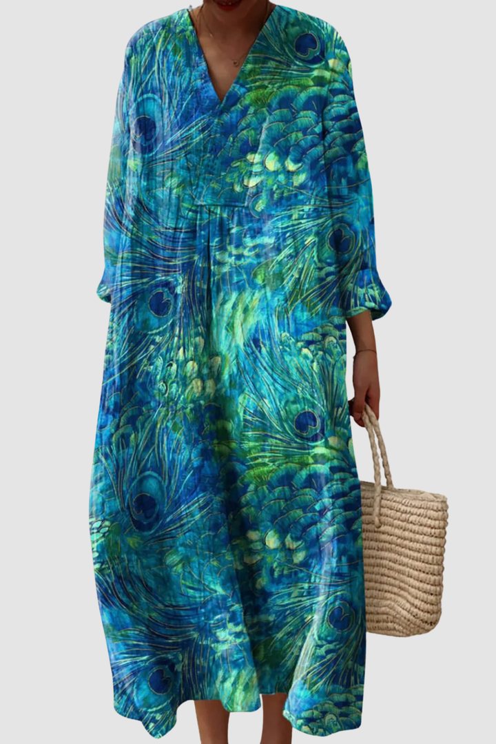 FIONA | PEACOCK FEATHER PATTERN ART PRINT DRESS