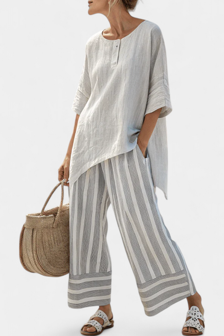 TALVORA | ELEGANT ASYMMETRICAL BLOUSE & STRIPED TROUSERS