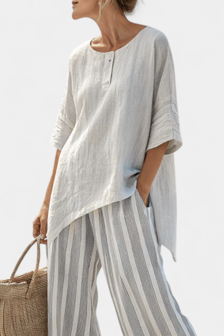 TALVORA | ELEGANT ASYMMETRICAL BLOUSE & STRIPED TROUSERS
