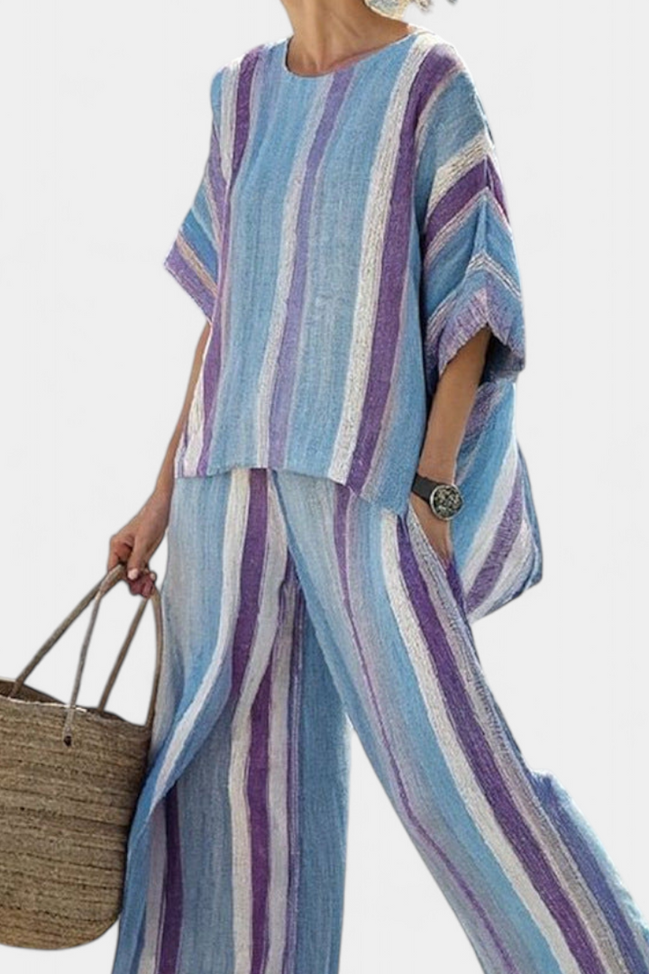 FAELITH | ELEGANT MAUVE PASTEL TOP & STRIPED LINEN TROUSERS