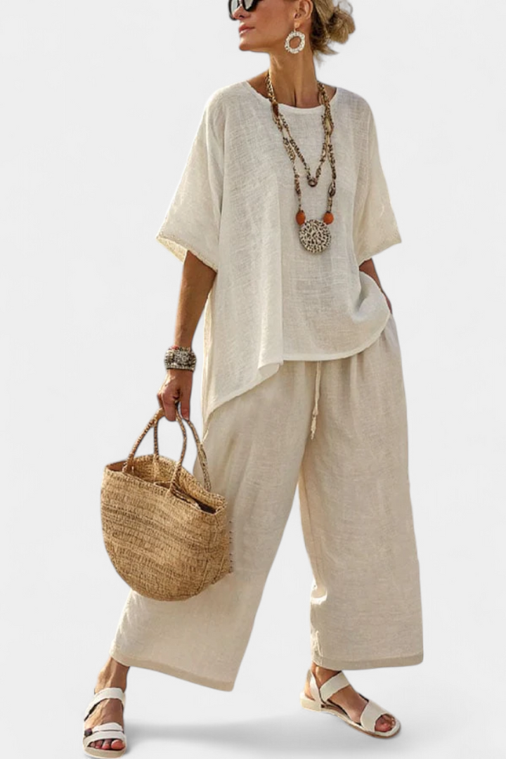 DREVON | COMFORTABLE MINIMALIST RAW BLOUSE & WIDE-LEG TROUSERS