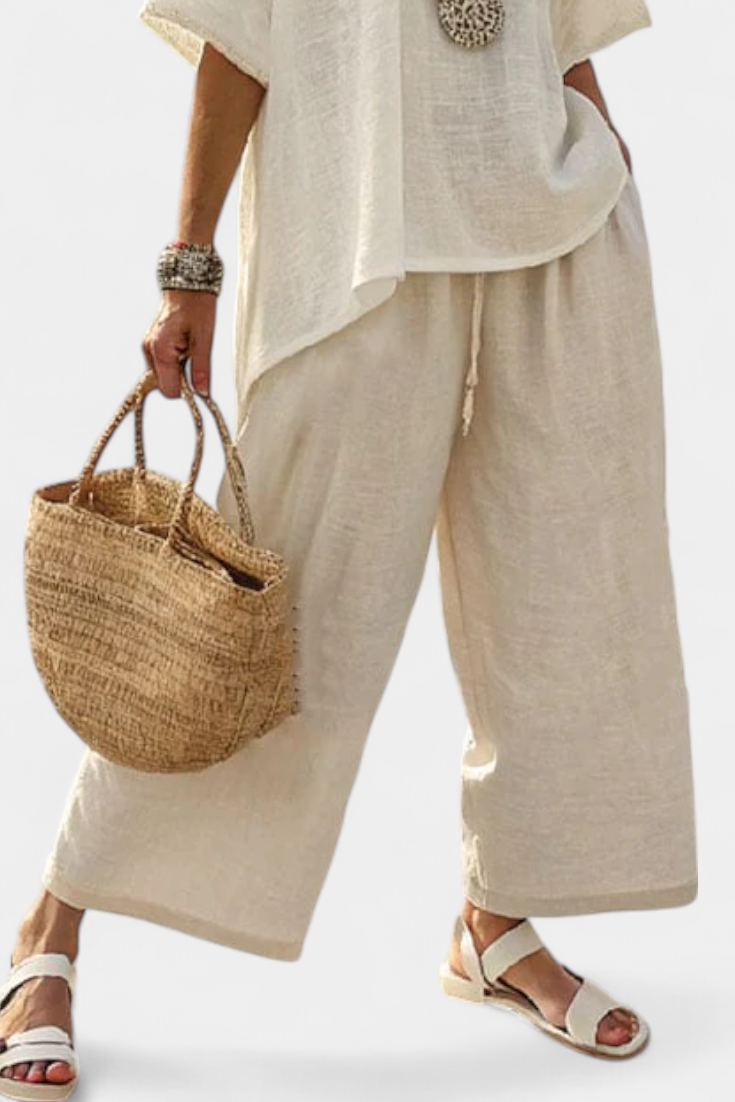 DREVON | COMFORTABLE MINIMALIST RAW BLOUSE & WIDE-LEG TROUSERS