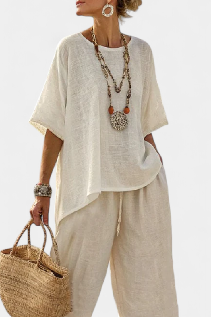 DREVON | COMFORTABLE MINIMALIST RAW BLOUSE & WIDE-LEG TROUSERS