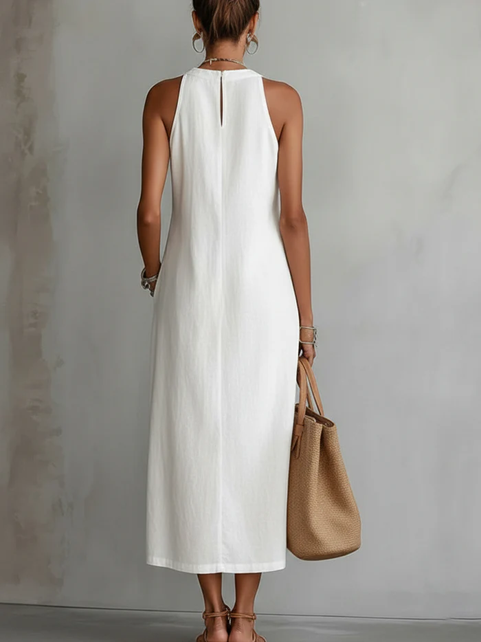 Milena | Linen Midi Dress With a Mandarin Collar